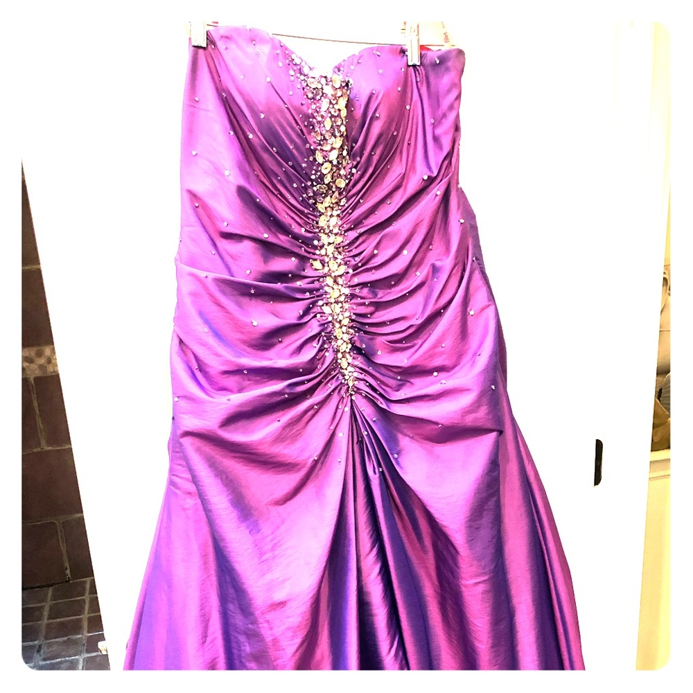 Strapless Purple Iridescent Ruched Evening Gown